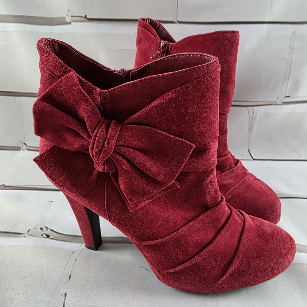 Gianni Bini Red Bow Suede Booties Shoes Heeled Side Zip Red Wmn's 11